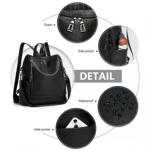 BPM2438 - Miss Lulu Women's Convertible PU Leather Backpack & Shoulder Bag – Versatile 2-in-1 Design - Black
