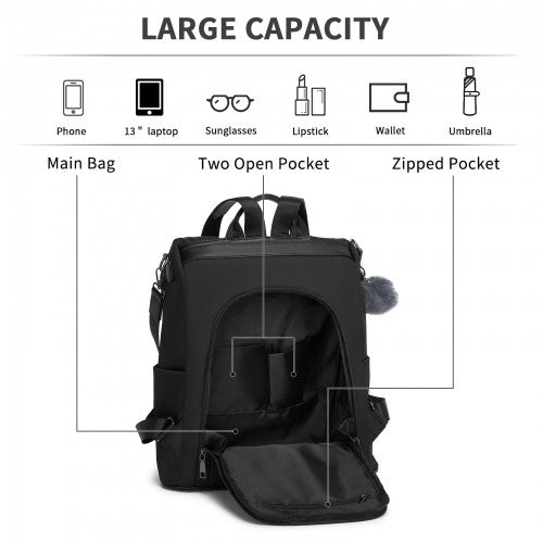 BPM2516 - Miss Lulu Stylish Anti-Theft Convertible Backpack with Spacious Back-Zip Compartment for Commuting & Daily Use - Black