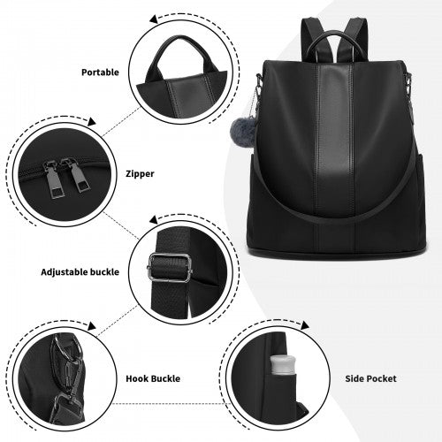 BPM2516 - Miss Lulu Stylish Anti-Theft Convertible Backpack with Spacious Back-Zip Compartment for Commuting & Daily Use - Black