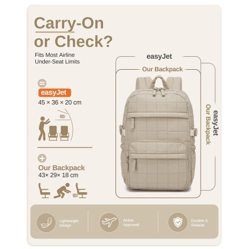 Miss Lulu Quilted Lightweight Backpack Fits 15.6 Inch Notebook Beige | Neil's Luggage Store