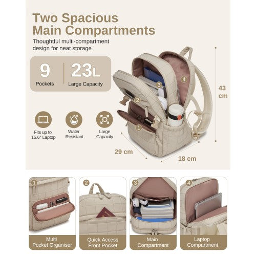 Miss Lulu Quilted Lightweight Backpack Fits 15.6 Inch Notebook Beige | Neil's Luggage Store