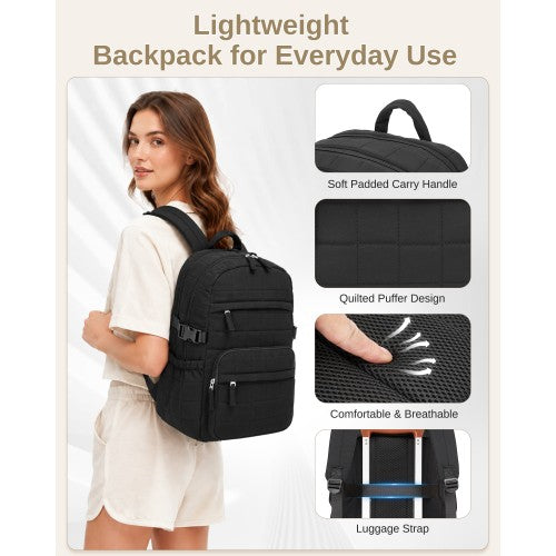 Miss Lulu Quilted Lightweight Backpack Underseat Carry On Black 15.6 Notebook | Neil's Luggage Store