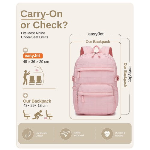 Miss Lulu Quilted Lightweight Backpack Fits 15.6 Inch Notebook Underseat Pink | Neil's Luggage Store