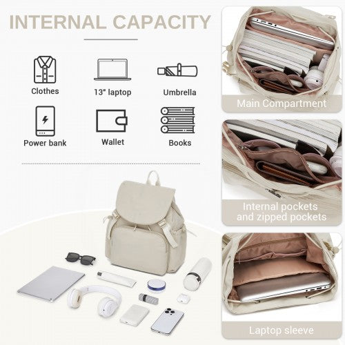 BPM2610 - Miss Lulu Lightweight Nylon Drawstring Backpack – Casual Daily Rucksack with 13 Inch Laptop Sleeve for Travel & Commute - Beige | Neil's Luggage Store