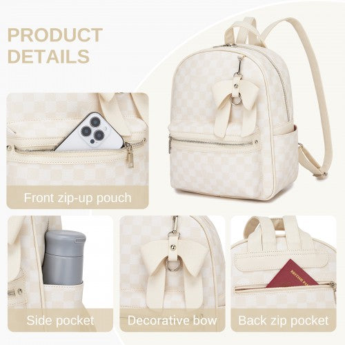 Miss Lulu Checked PVC Backpack With Detachable Bow Beige Daypack For Women | Neil's Luggage Store