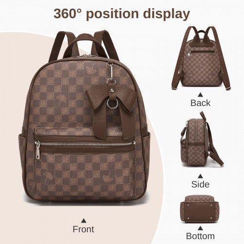 Miss Lulu Checked PVC Backpack With Detachable Bow Brown Daypack For School | Neil's Luggage Store