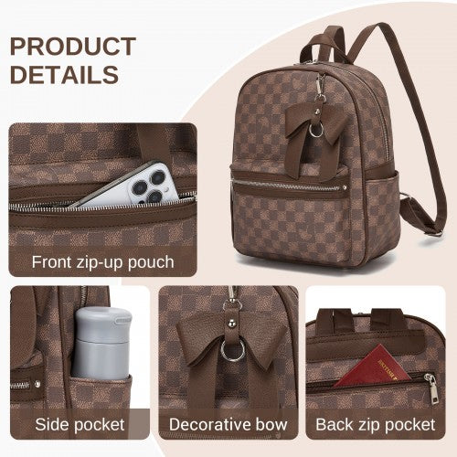 Miss Lulu Checked PVC Backpack With Detachable Bow Brown Daypack For School | Neil's Luggage Store