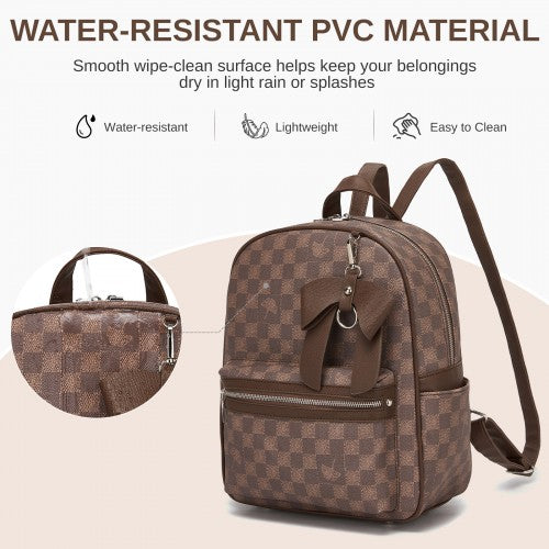 Miss Lulu Checked PVC Backpack With Detachable Bow Brown Daypack For School | Neil's Luggage Store