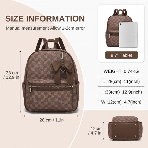 Miss Lulu Checked PVC Backpack With Detachable Bow Brown Daypack For School | Neil's Luggage Store