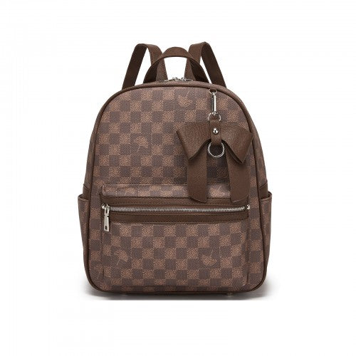 Miss Lulu Checked PVC Backpack With Detachable Bow Brown Daypack For School | Neil's Luggage Store
