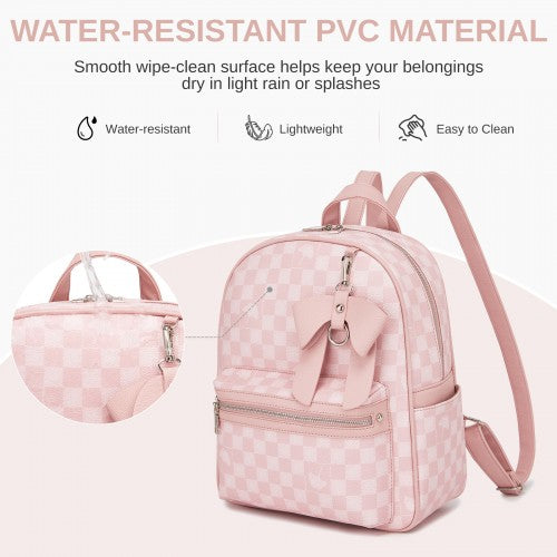 Miss Lulu Checked PVC Backpack With Detachable Bow Pink Daypack For School | Neil's Luggage Store