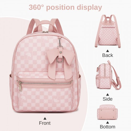 Miss Lulu Checked PVC Backpack With Detachable Bow Pink Daypack For School | Neil's Luggage Store