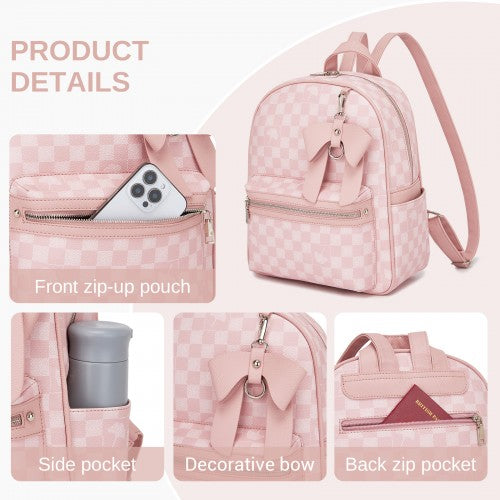 Miss Lulu Checked PVC Backpack With Detachable Bow Pink Daypack For School | Neil's Luggage Store