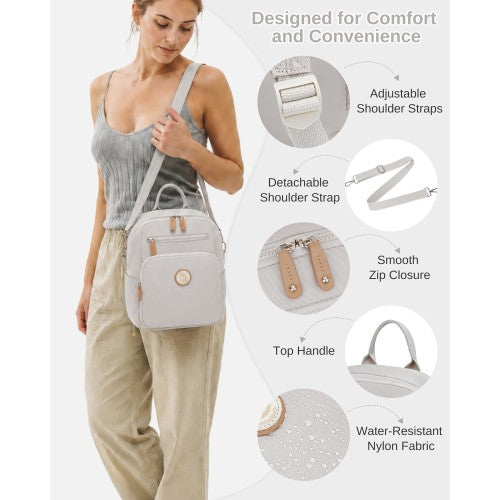 BPM2617 - Miss Lulu Women's Backpack, Water-Resistant Nylon Convertible Shoulder and Crossbody Bag for Travel Work - Light Grey by LuluBags