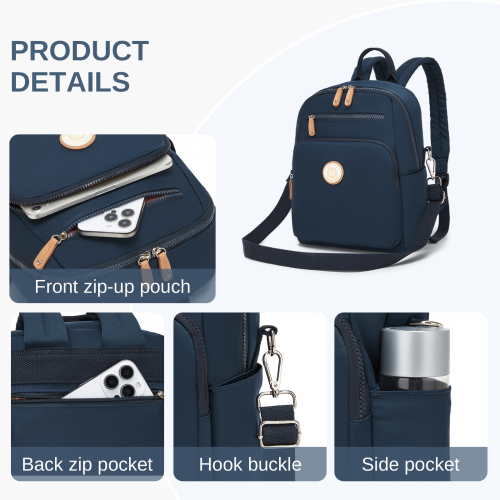 BPM2617 - Miss Lulu Women's Backpack, Water-Resistant Nylon Convertible Shoulder and Crossbody Bag for Travel Work - Navy by LuluBags