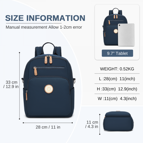 BPM2617 - Miss Lulu Women's Backpack, Water-Resistant Nylon Convertible Shoulder and Crossbody Bag for Travel Work - Navy by LuluBags