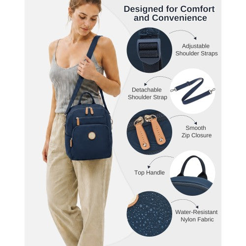 BPM2617 - Miss Lulu Women's Backpack, Water-Resistant Nylon Convertible Shoulder and Crossbody Bag for Travel Work - Navy by LuluBags