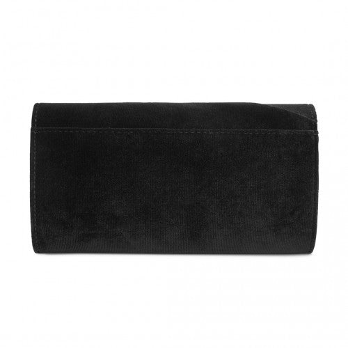 CLM2457 - Miss Lulu Elegant Velvet Evening Clutch with Crystal Ring & Detachable Chain Strap - Versatile Shoulder or Handheld Bag - Black