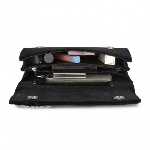 CLM2457 - Miss Lulu Elegant Velvet Evening Clutch with Crystal Ring & Detachable Chain Strap - Versatile Shoulder or Handheld Bag - Black