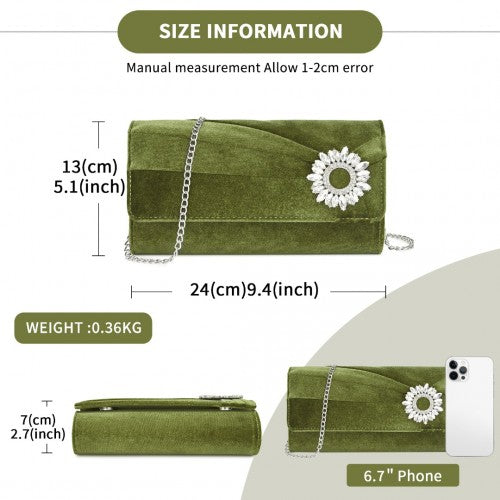 CLM2457 - Miss Lulu Elegant Velvet Evening Clutch with Crystal Ring & Detachable Chain Strap - Versatile Shoulder or Handheld Bag - Green
