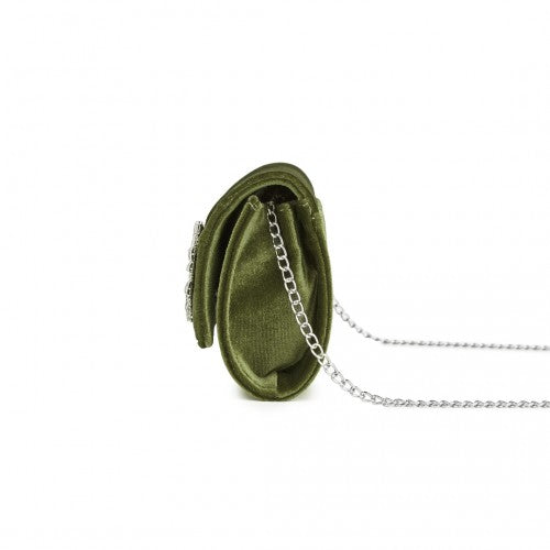 CLM2457 - Miss Lulu Elegant Velvet Evening Clutch with Crystal Ring & Detachable Chain Strap - Versatile Shoulder or Handheld Bag - Green