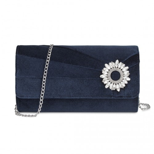 CLM2457 - Miss Lulu Elegant Velvet Evening Clutch with Crystal Ring & Detachable Chain Strap - Versatile Shoulder or Handheld Bag - Navy | Neil's Luggage Store