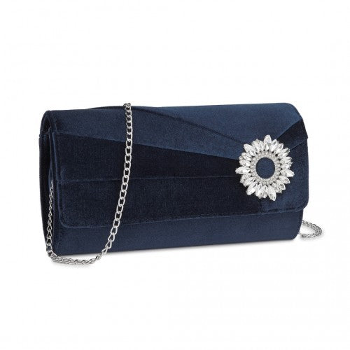 CLM2457 - Miss Lulu Elegant Velvet Evening Clutch with Crystal Ring & Detachable Chain Strap - Versatile Shoulder or Handheld Bag - Navy | Neil's Luggage Store