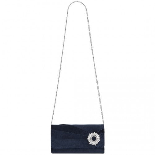 CLM2457 - Miss Lulu Elegant Velvet Evening Clutch with Crystal Ring & Detachable Chain Strap - Versatile Shoulder or Handheld Bag - Navy | Neil's Luggage Store