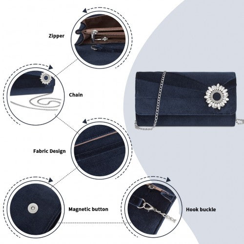 CLM2457 - Miss Lulu Elegant Velvet Evening Clutch with Crystal Ring & Detachable Chain Strap - Versatile Shoulder or Handheld Bag - Navy | Neil's Luggage Store