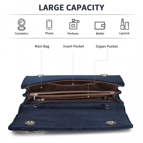 CLM2457 - Miss Lulu Elegant Velvet Evening Clutch with Crystal Ring & Detachable Chain Strap - Versatile Shoulder or Handheld Bag - Navy | Neil's Luggage Store