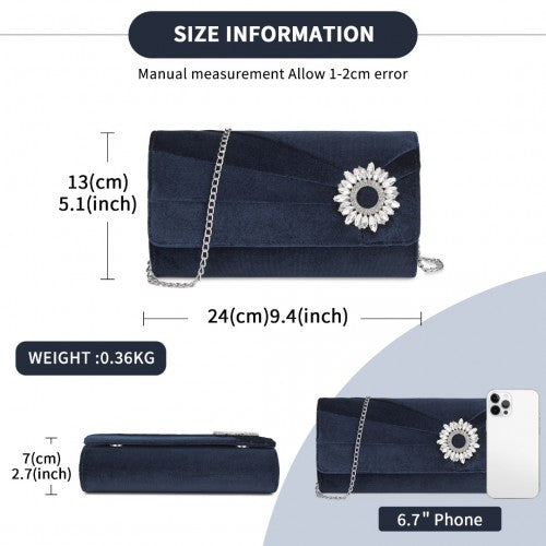 CLM2457 - Miss Lulu Elegant Velvet Evening Clutch with Crystal Ring & Detachable Chain Strap - Versatile Shoulder or Handheld Bag - Navy | Neil's Luggage Store