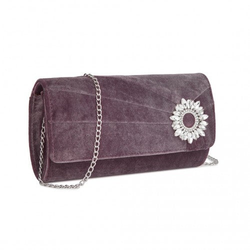 CLM2457 - Miss Lulu Elegant Velvet Evening Clutch with Crystal Ring & Detachable Chain Strap - Versatile Shoulder or Handheld Bag - Purple