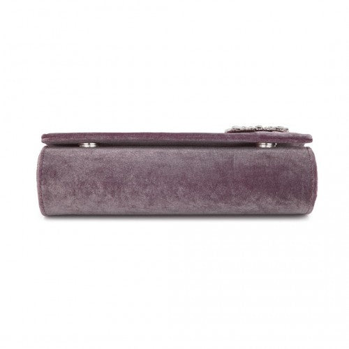 CLM2457 - Miss Lulu Elegant Velvet Evening Clutch with Crystal Ring & Detachable Chain Strap - Versatile Shoulder or Handheld Bag - Purple
