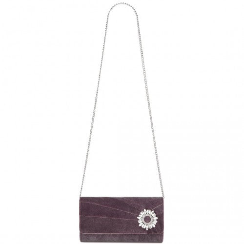 CLM2457 - Miss Lulu Elegant Velvet Evening Clutch with Crystal Ring & Detachable Chain Strap - Versatile Shoulder or Handheld Bag - Purple