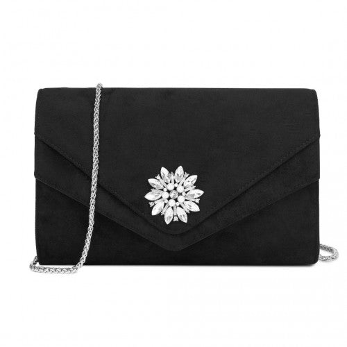 Miss Lulu Faux Suede Evening Clutch Black With Crystal Flower Detachable Chain | Neil's Luggage Store