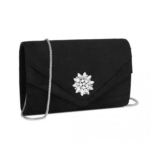 Miss Lulu Faux Suede Evening Clutch Black With Crystal Flower Detachable Chain | Neil's Luggage Store