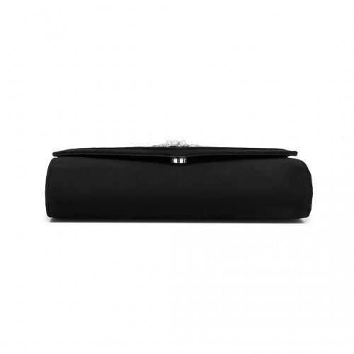 Miss Lulu Faux Suede Evening Clutch Black With Crystal Flower Detachable Chain | Neil's Luggage Store