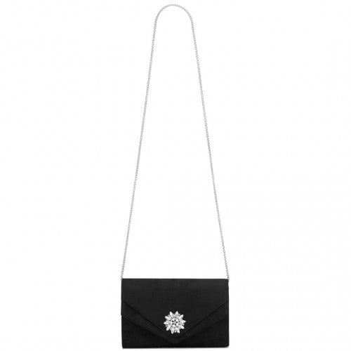 Miss Lulu Faux Suede Evening Clutch Black With Crystal Flower Detachable Chain | Neil's Luggage Store