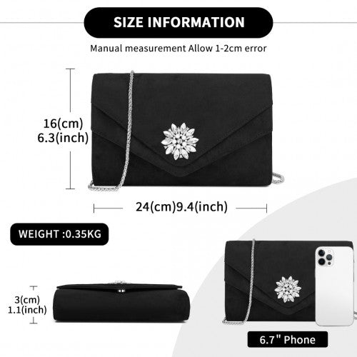 Miss Lulu Faux Suede Evening Clutch Black With Crystal Flower Detachable Chain | Neil's Luggage Store