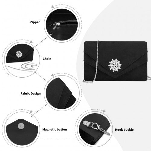 Miss Lulu Faux Suede Evening Clutch Black With Crystal Flower Detachable Chain | Neil's Luggage Store
