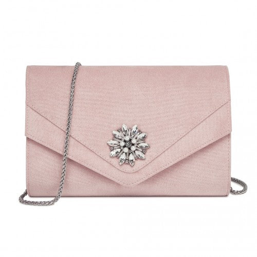 Miss Lulu Faux Suede Evening Clutch With Crystal Flower Detachable Chain Pink | Neil's Luggage Store