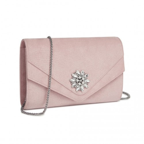Miss Lulu Faux Suede Evening Clutch With Crystal Flower Detachable Chain Pink | Neil's Luggage Store