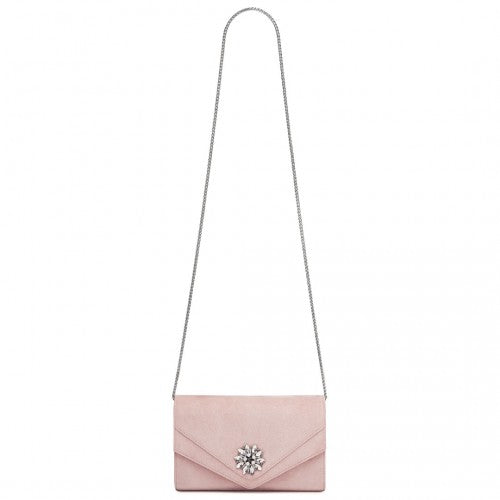 Miss Lulu Faux Suede Evening Clutch With Crystal Flower Detachable Chain Pink | Neil's Luggage Store