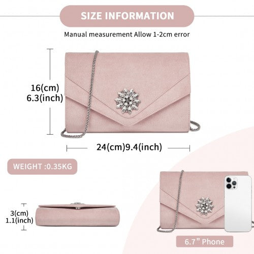 Miss Lulu Faux Suede Evening Clutch With Crystal Flower Detachable Chain Pink | Neil's Luggage Store