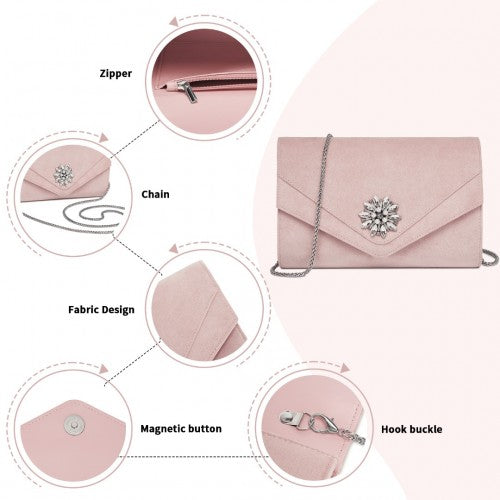Miss Lulu Faux Suede Evening Clutch With Crystal Flower Detachable Chain Pink | Neil's Luggage Store