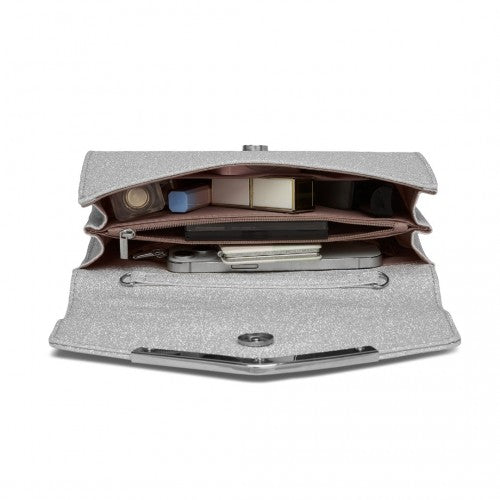 CLM2459 - Miss Lulu Women's Glitter Envelope Clutch with V-Metal Trim & Detachable Chain Strap - Silver