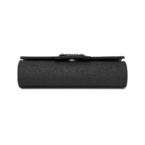 CLM2461 - Miss Lulu Glitter Evening Clutch with Crystal Embellishment & Detachable Chain Strap - Elegant Crossbody or Handheld Bag - Black