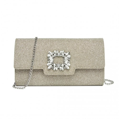 CLM2461 - Miss Lulu Glitter Evening Clutch with Crystal Embellishment & Detachable Chain Strap - Elegant Crossbody or Handheld Bag - Gold