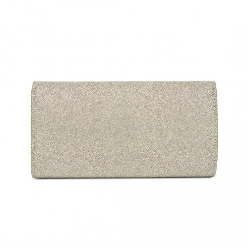 CLM2461 - Miss Lulu Glitter Evening Clutch with Crystal Embellishment & Detachable Chain Strap - Elegant Crossbody or Handheld Bag - Gold