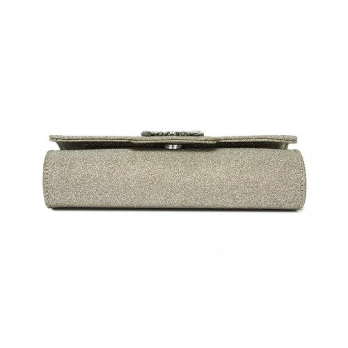 CLM2461 - Miss Lulu Glitter Evening Clutch with Crystal Embellishment & Detachable Chain Strap - Elegant Crossbody or Handheld Bag - Gold